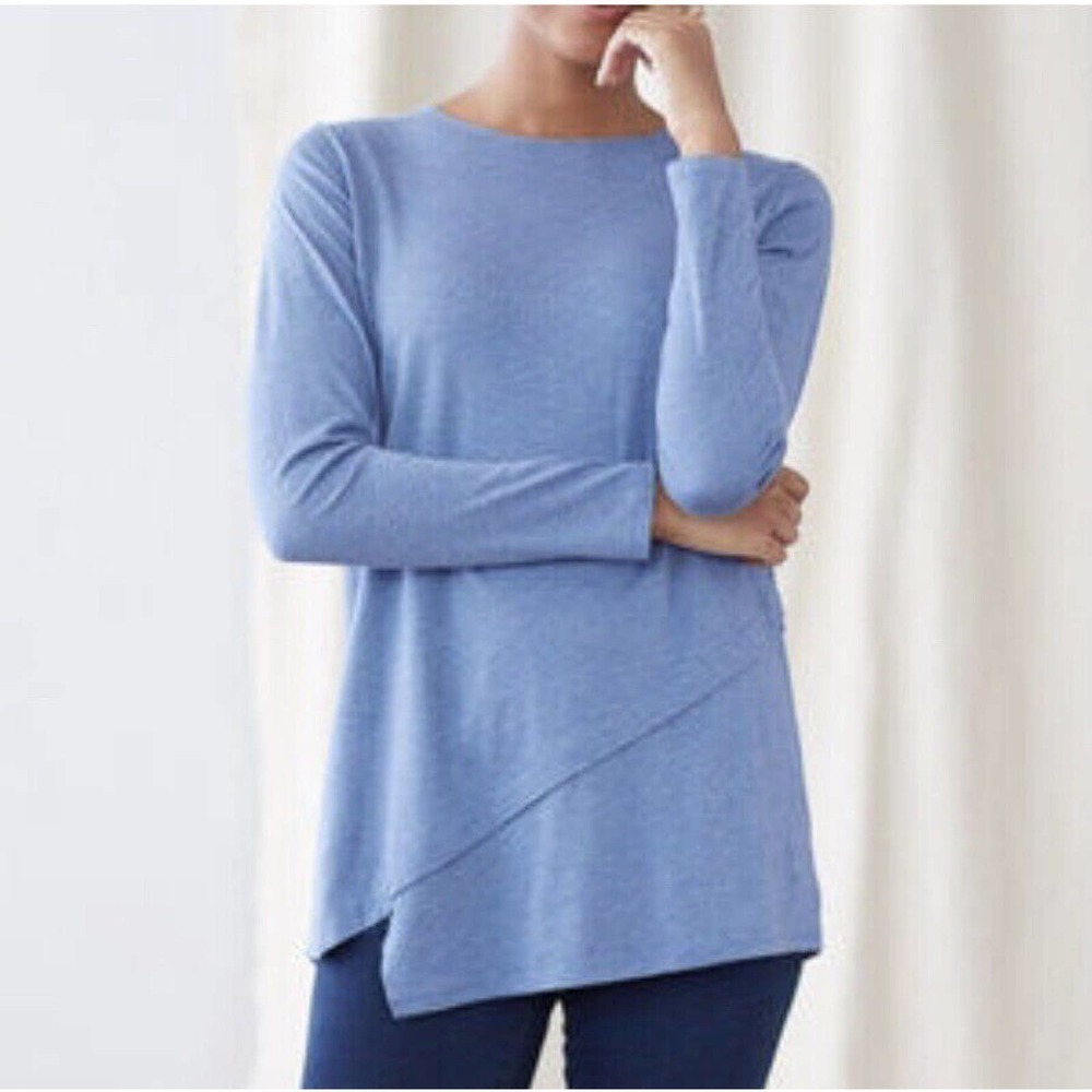 J Jill Women's Blue Long Sleeve Round Neck Layered Asymmetrical Tee Size L